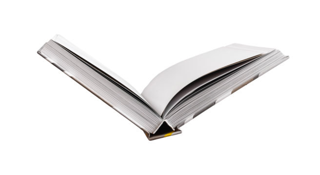 An open hardcover book with pages in mid-flip, symbolizing knowledge, reading, and learning. Minimalist design, history, and education concept. Book positioned on white background, isolated..