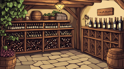 Obraz premium Wine shop, cellar interior with alcohol beverages collection, bottles on wooden shelves. Store in building basement with potted grapes vine, tiled floor and glow lamps. Cartoon vector illustration