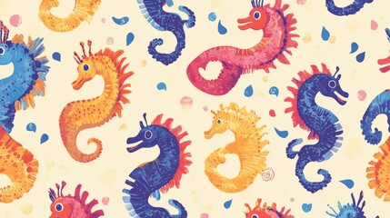 Watercolor illustration featuring a seamless pattern of colorful seahorses on a light cream background