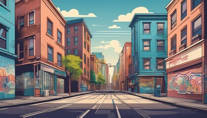 Comic cartoon urban street scene with diverse architectural styles