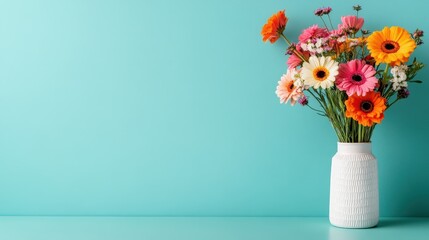 A delightful arrangement of brightly colored flowers in a textured white vase, showcased against a calming aqua backdrop, exuding positivity and vibrancy.