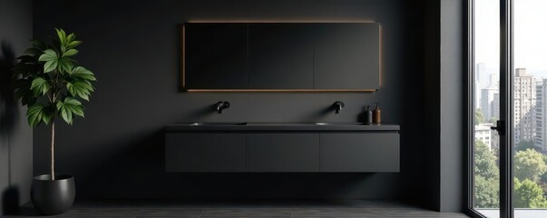 Obraz premium Sleek black vanity, dark matte walls, modern fixtures, tile, spa-like, interior