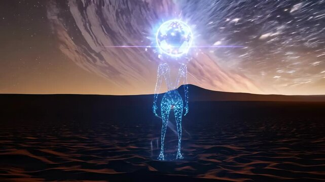 Mysterious alien composed of glowing stars standing on extraterrestrial planet under cosmic night sky. Concept of science fiction, space exploration, futuristic being, universe, interstellar travel