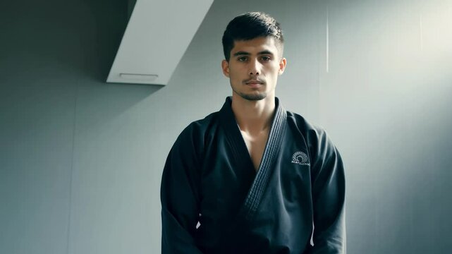 Determined man in martial arts uniform practicing karate in training studio. concept of discipline, self-defense, martial arts training