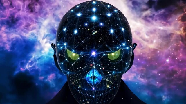 Galactic alien made of bright stars in cosmic space with nebulae, glowing lights. Concept of extraterrestrial life, science fiction, astronomy, interstellar travel, mystery, universe, cosmos, science