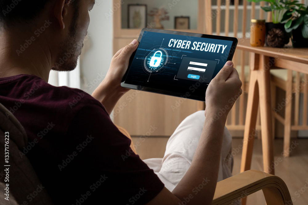 Poster cyber security system on computer screen protect private information snugly from hacker and cyber at