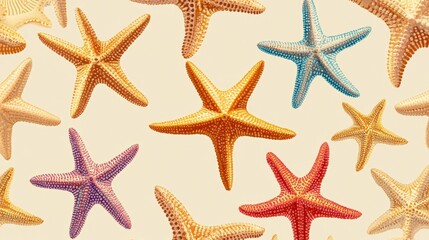 Colorful watercolor starfish creating a seamless pattern on an beige background