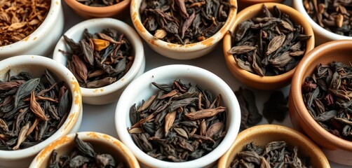 Assorted dry tea leaves in small ceramic bowls, close-up, dry tea, teacup
