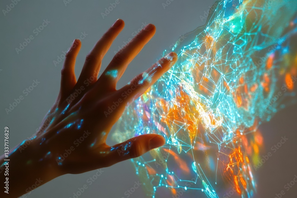 Poster a hand interacts with a vibrant, interconnected network of data points, symbolizing global connectiv