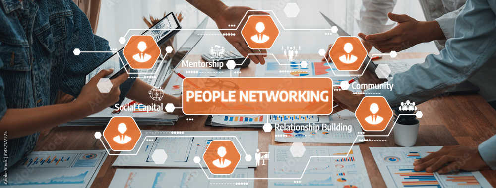 Fototapete A vibrant scene showcasing people networking in a collaborative workspace, featuring digital devices and charts, emphasizing mentorship and relationship building in a business environment. Amity