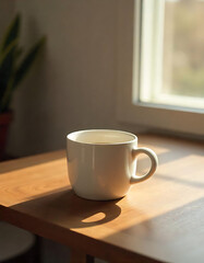Morning Coffee: A simple, elegant white coffee mug sits on a wooden surface, bathed in the warm, inviting glow of sunlight streaming through a nearby window.