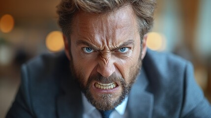 Portrait of an offended man in a suit, looking from under his brows. Business, angry expression, disappointment