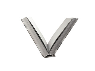 Book open, pages in v shape, flipping on white background. Hardcover, minimalist design symbolizing...