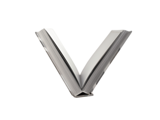 Book open, pages in v shape, flipping on white background. Hardcover, minimalist design symbolizing knowledge, education, and wisdom. Concept of study, learning, reading, modern publication. Isolated.