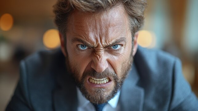 Portrait of an offended man in a suit, looking from under his brows. Business, angry expression, disappointment