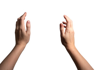 Both hands holding an invisible object, open gesture symbolizing grasping or presenting something....