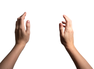 Both hands holding an invisible object, open gesture symbolizing grasping or presenting something. Fingers positioned naturally, conveying action and interaction. Isolated on white background..