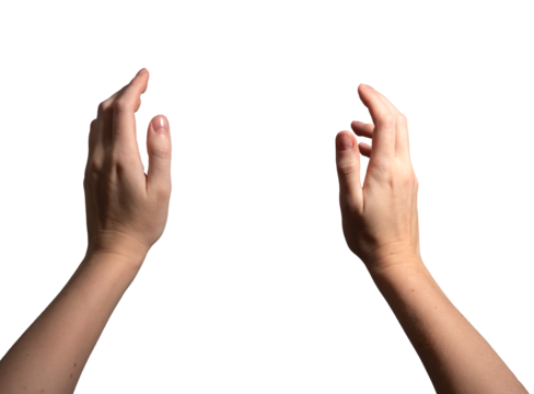 Both hands holding an invisible object, open gesture symbolizing grasping or presenting something. Fingers positioned naturally, conveying action and interaction. Isolated on white background..