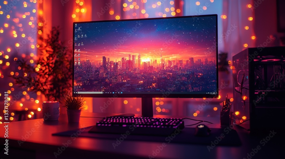 Poster immersive gaming setup with skyline display and ambient illumination