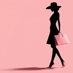 Silhouette of fashion girl with pink shopping bags and high heels on pink background. Copy space available.