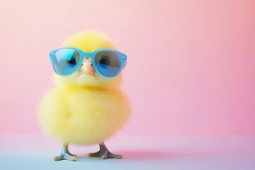 A cute, adorable yellow chick wearing blue sunglasses, set against a pastel background. The design is minimalistic and simple, showcasing the high-quality