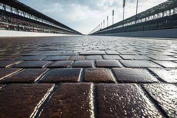 An ultra-realistic photo of the brick surface on the Indianapolis Motor Speedway, with no cars in it, looking towards the finish line, grandstand, and using a telephoto lens.