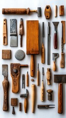 Carpentry Tools and Equipment Arranged on White Background Top View..