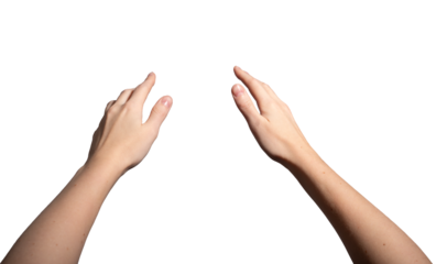 Both hands outstretched in a grasping gesture, fingers spread and reaching forward as if to catch or hold something. Natural pose and perspective. Isolated on white background..