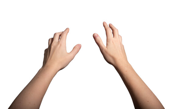 Both hands outstretched in a reaching gesture, fingers open and slightly curved, symbolizing grasping or taking something. Natural pose and perspective. Isolated on white background..