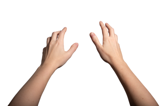 Both hands outstretched in a reaching gesture, fingers open and slightly curved, symbolizing grasping or taking something. Natural pose and perspective. Isolated on white background..