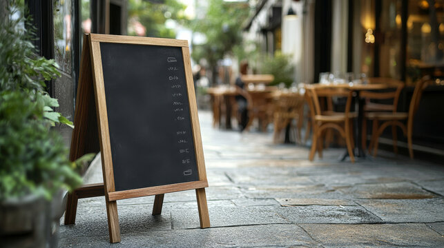 Pavement menu or announcement black chalk signboard mockup. Realistic 3d vector illustration set of chalkboard for sidewalk stand. Outdoor banner frame template for cafe and restaurant signage.