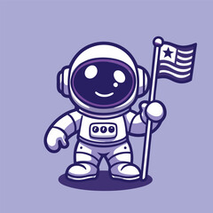 Adorable Astronaut Vector Mascot Holding High a Waving Flag with Pride