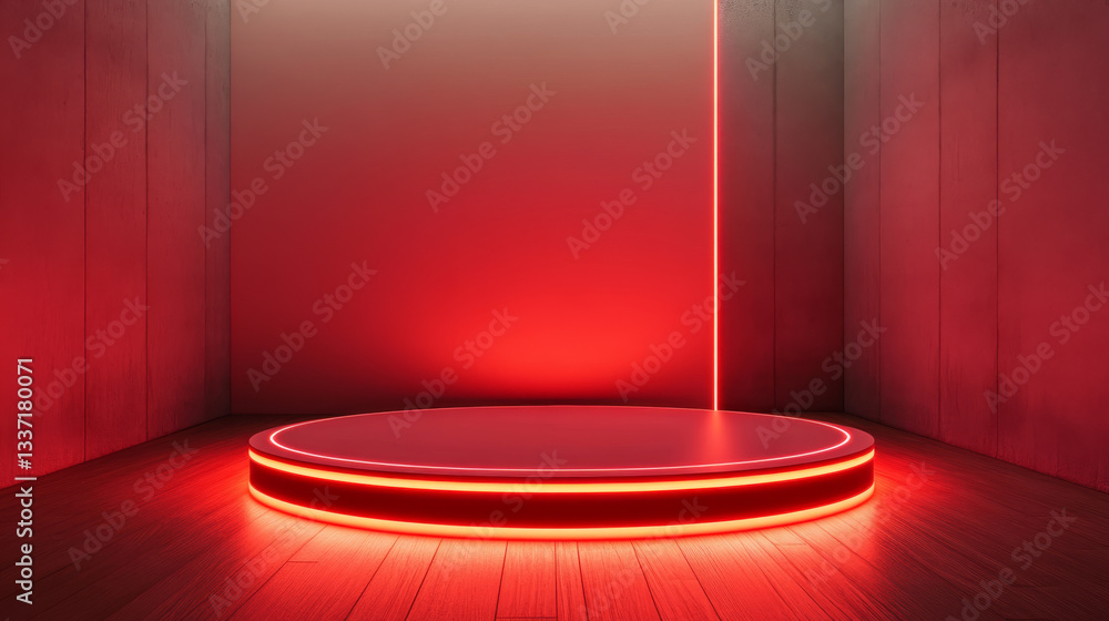 Poster red 3d neon light podium background. product display circle stage in abstract studio room. round bas