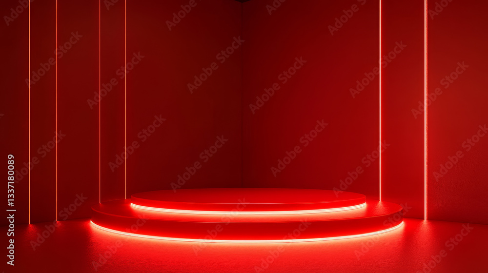 Aufkleber red 3d neon light podium background. product display circle stage in abstract studio room. round bas