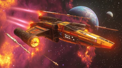 Fototapeta premium Spaceship launch, nebula background, planet, space travel, science fiction