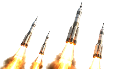 set of rockets launching with fire and smoke isolated on white background as transparent PNG. GENERATIVE AI