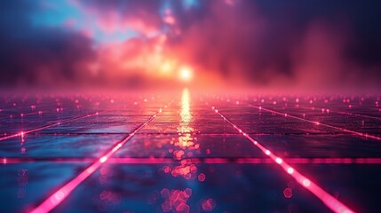 Obraz premium Virtual Sunset Glowing Gridlines and Reflective Surfaces on the Digital Horizon at Sunset.