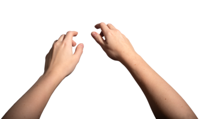 Both hands reaching forward in a grabbing gesture, symbolizing touch or capture. Outstretched fingers and open palms in a natural pose. Isolated on white background..