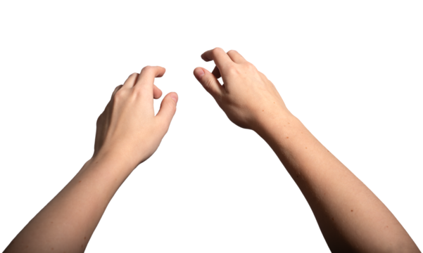 Both hands reaching forward in a grabbing gesture, symbolizing touch or capture. Outstretched fingers and open palms in a natural pose. Isolated on white background..