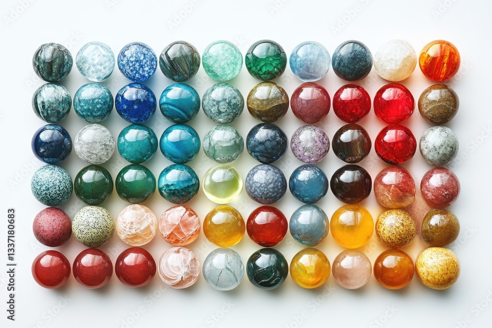 Poster a collection of 40 vibrant gemstone spheres, each displaying unique colors and patterns.