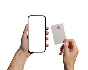 Card and smartphone in hand, mobile payment technology. Young woman holding phone, app for online...