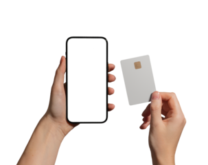 Card and smartphone in hand, mobile payment technology. Young woman holding phone, app for online shopping. Secure transaction with chip, CVV, and NFC. Finance, wallet, business design, isolated on.