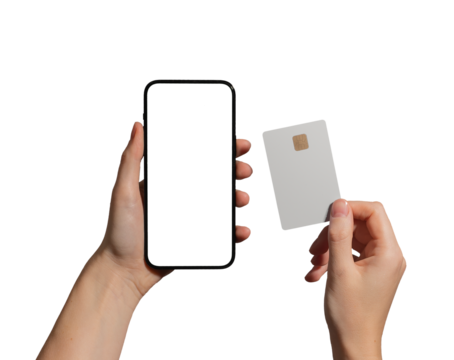 Card and smartphone in hand, mobile payment technology. Young woman holding phone, app for online shopping. Secure transaction with chip, CVV, and NFC. Finance, wallet, business design, isolated on.