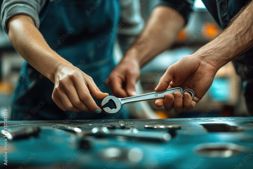 Poster two mechanics collaboratively inspect a wrench, showcasing teamwork and precision in their workshop.