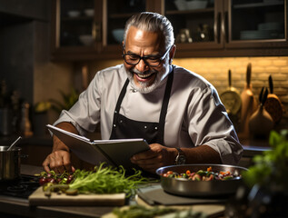 Professional and elegant, experienced chef in a well-equipped kitchen recording a high-quality recipe podcast