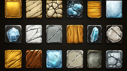 Square frames for game ui design. Vector cartoon set of user interface elements with border with gold, silver, steel, ice with snow, wooden and stone texture isolated on black background