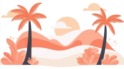 Serene Sunset Landscape with Palm Trees and Coral Hues