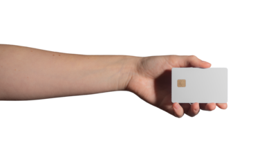 Card held in hand, presenting blank space for promotion. Woman showing plastic credit or debit card for advertising, purchase, or payment. Concept of financial transactions, shopping, and banking..