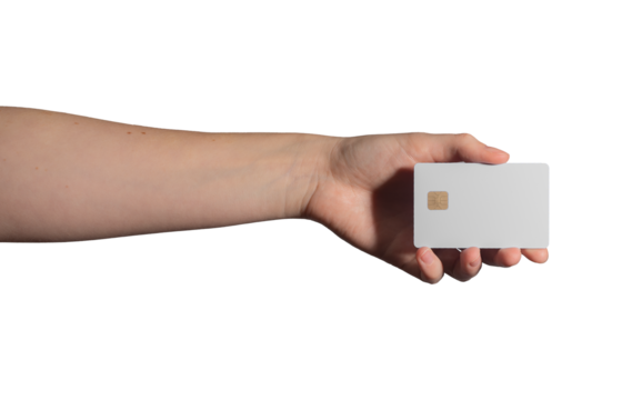 Card held in hand, presenting blank space for promotion. Woman showing plastic credit or debit card for advertising, purchase, or payment. Concept of financial transactions, shopping, and banking..