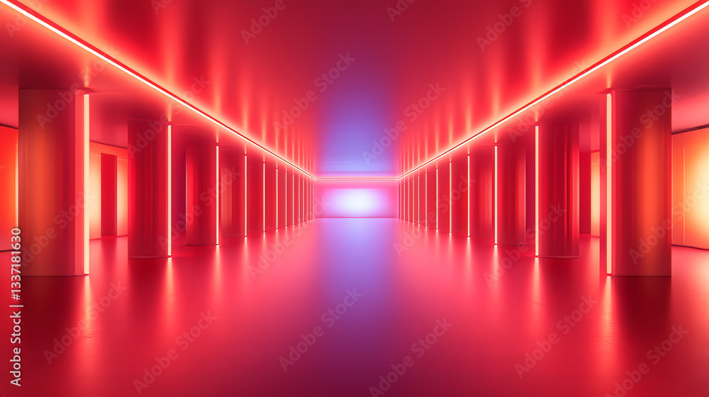 Aufkleber dark hall interior with neon red illumination and rectangular columns. realistic architecture design